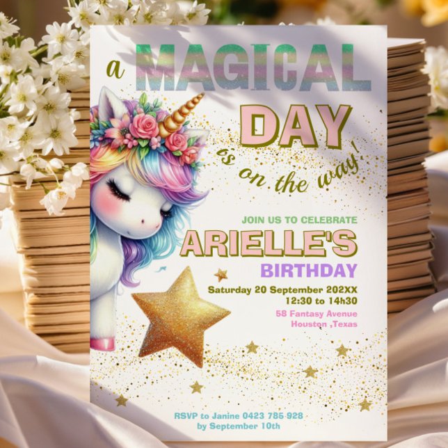 Convite de aniversário de unicórnio com arco-íris  (Criador carregado)