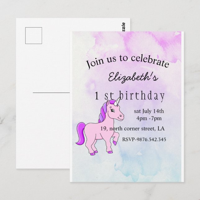 convite de aniversário de unicórnio elegante minim (Frente/Verso)