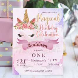 Convite de Aniversário de Unicórnio Floral Pastel