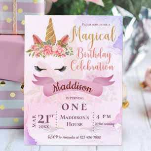 Convite de Aniversário de Unicórnio Floral Pastel