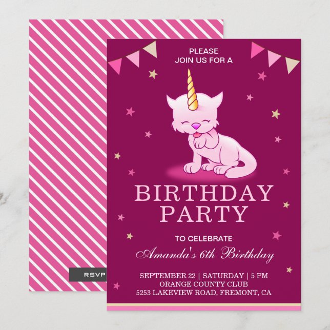 Convite de Aniversário de Unicórnio Gato Rosa Fofo (Frente/Verso)