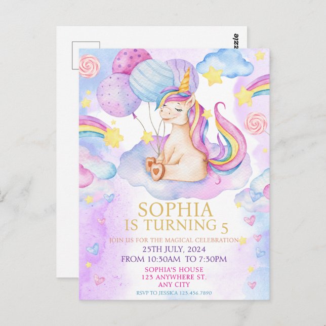 Convite de Aniversário de Unicórnio Mágico Arco-ír (Frente/Verso)