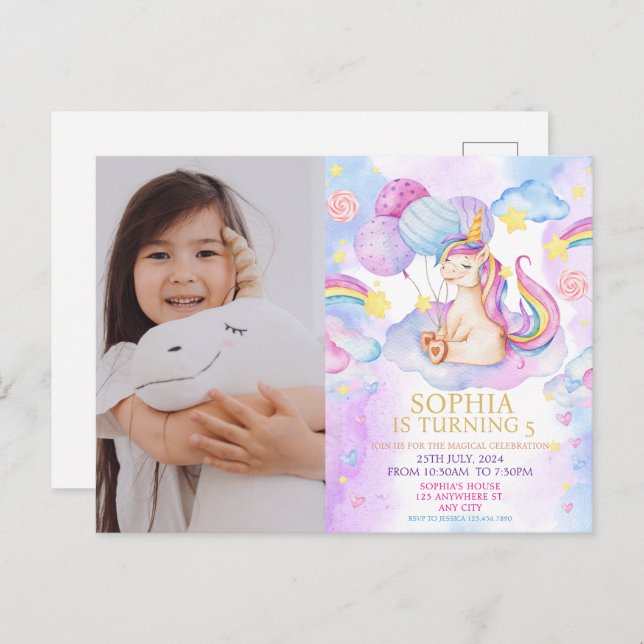 Convite de Aniversário de Unicórnio Mágico Fotográ (Frente/Verso)