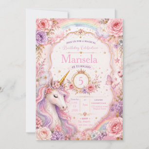 Convite de Aniversário de Unicórnio Mágico Rosa