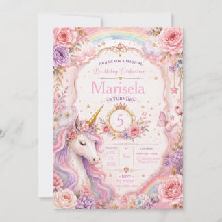 Convite de Aniversário de Unicórnio Mágico | Rosa 