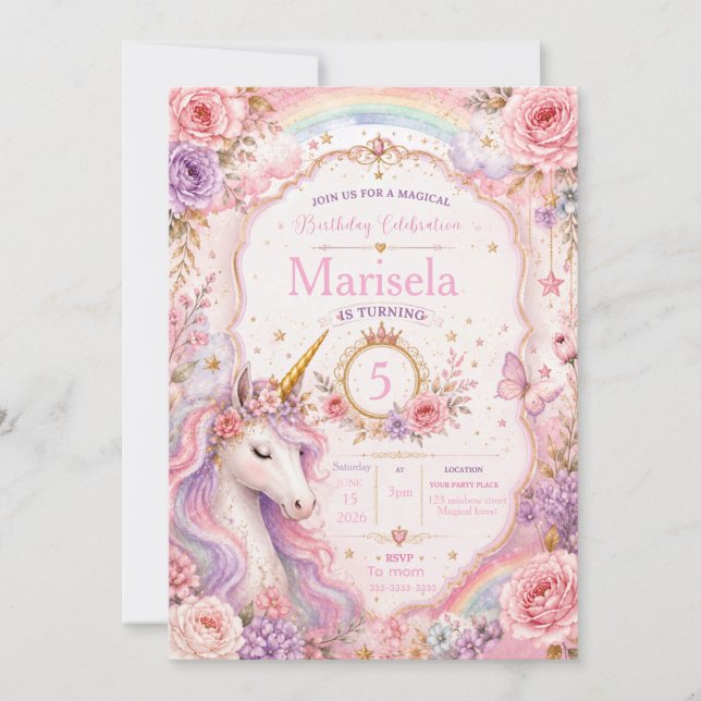 Convite de Aniversário de Unicórnio Mágico | Rosa  (Frente)