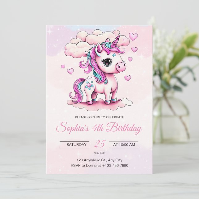 Convite de Aniversário de Unicórnio, Meninas Unicó (Em pé/Frente)
