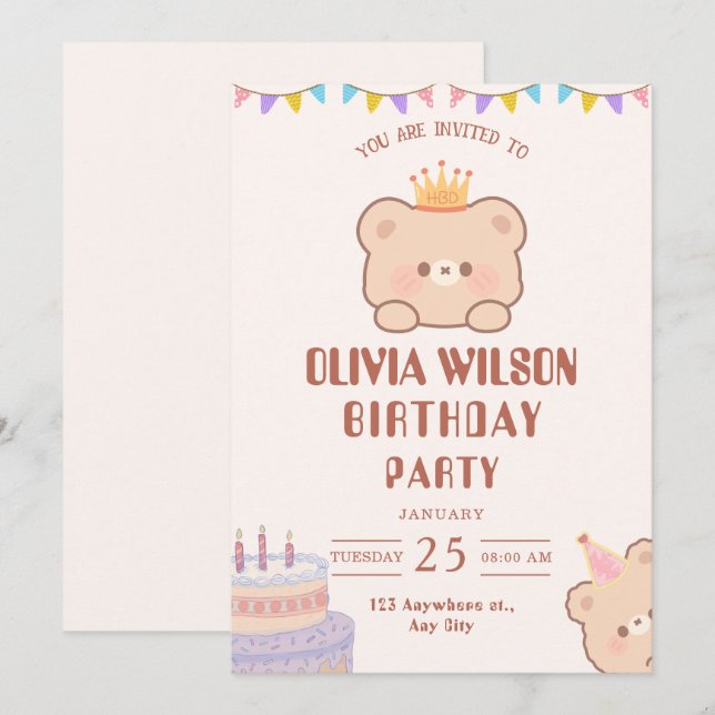 Convite de Aniversário de Ursinho de Pelúcia Fofo  (Frente/Verso)