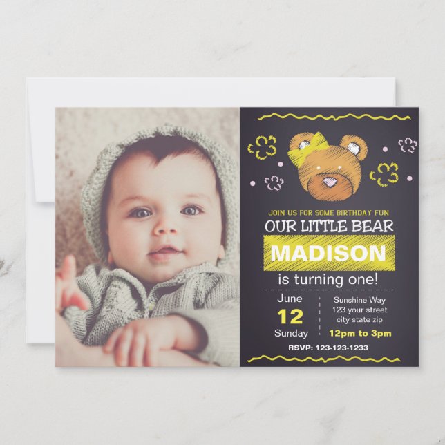Convite de aniversário de urso amarelo com foto (Frente)