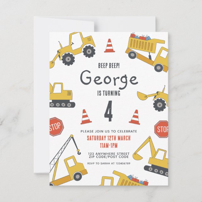 Convite de aniversário de veículos de construção (Frente)