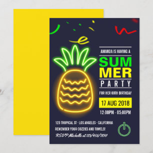 Convite de Aniversário de Verão com Abacaxi Neon