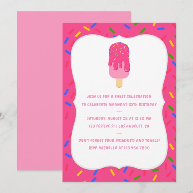 Convite de Aniversário de Verão com Picolé Rosa (Frente/Verso)