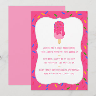 Convite de Aniversário de Verão com Picolé Rosa