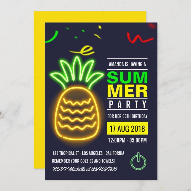 Convite de aniversário de Verão de Neon Pineapple (Frente/Verso)