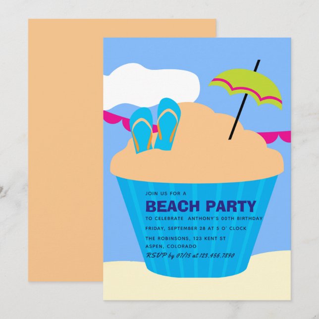 Convite de Aniversário de Verão na Praia (Frente/Verso)