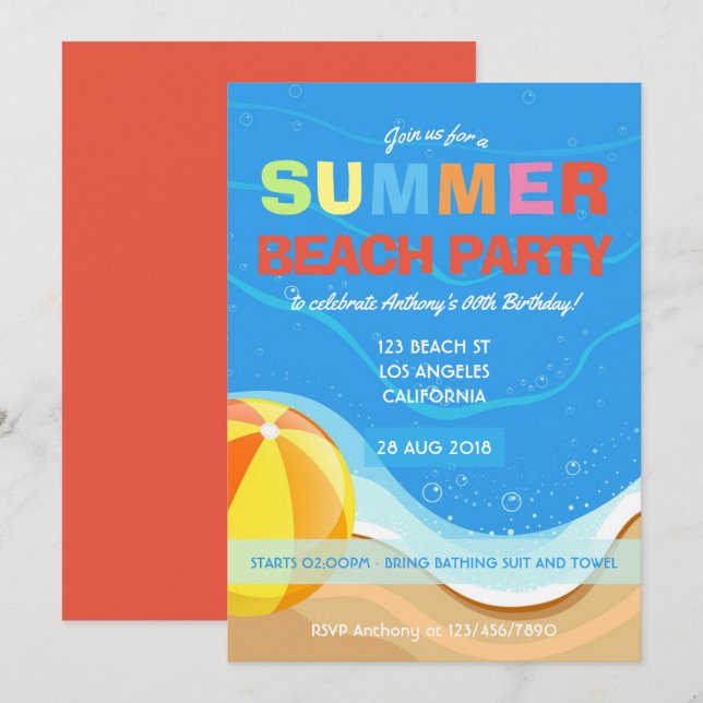 Convite de Aniversário de Verão na Praia (Frente/Verso)