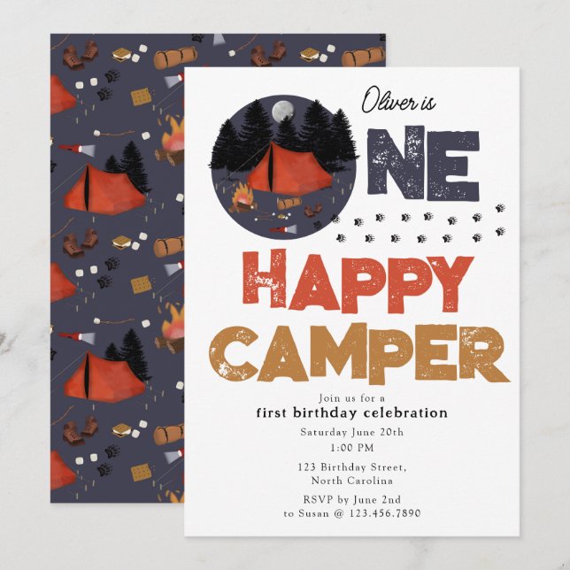 Convite de Aniversário de Verão One Happy Camper 1 (Frente/Verso)