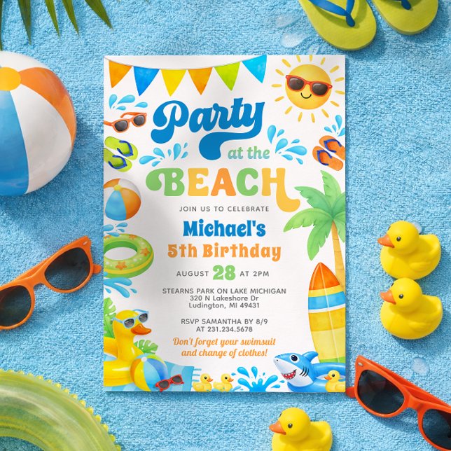 Convite de Aniversário de Verão para Meninos - Fes (Beach Party Birthday Invitation - Boy Summer Birthday - Duck and Shark Theme)