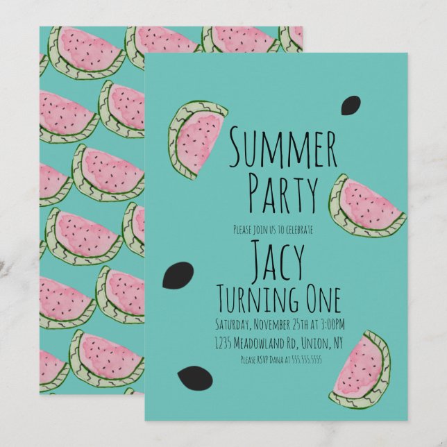 Convite de Aniversário de Verão Sementes de Melanc (Frente/Verso)