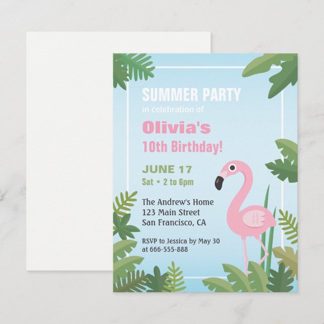 Convite de Aniversário de Verão Tropical Flamingo (Frente/Verso)