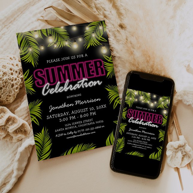 Convite de Aniversário de Verão Tropical Neon (Criador carregado)