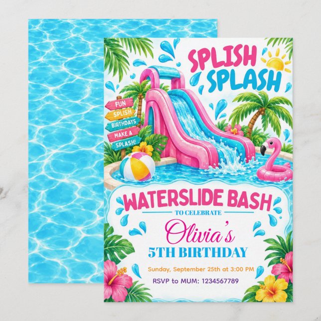 Convite de Aniversário de Verão Water Slide Bash (Frente/Verso)
