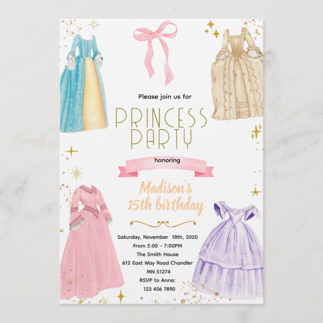 Convite de Aniversário de Vestidos de Princesa (Frente)