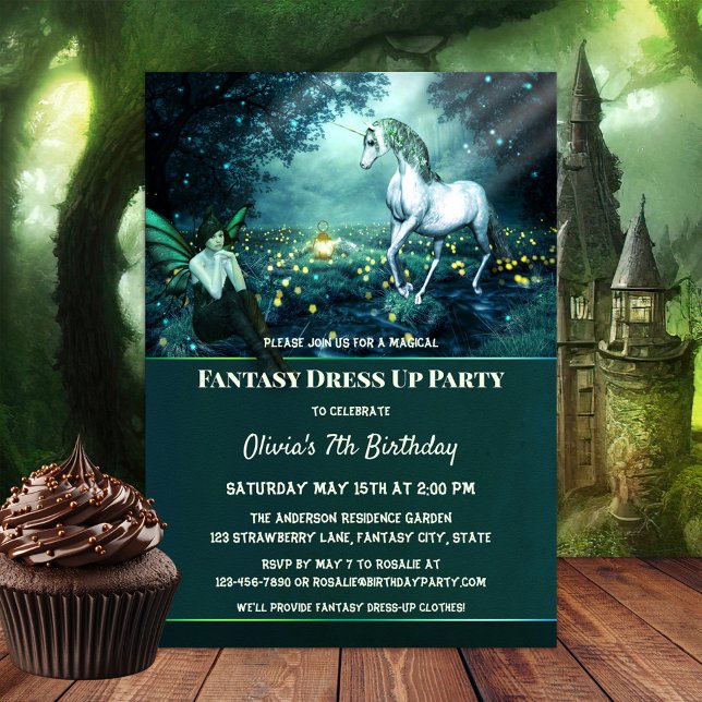 Convite de aniversário de vestir-se com fantasia d (A magical birthday party invitation featuring an enchanted garden scene with a fairy and unicorn.)
