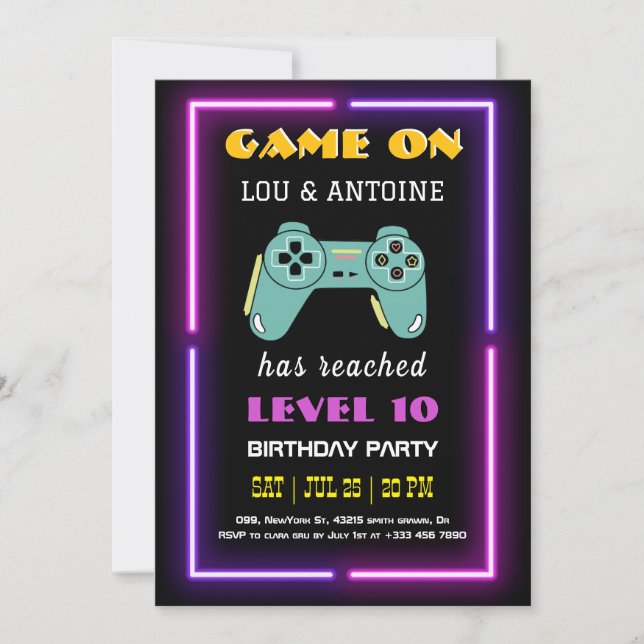 Convite de Aniversário de Videogame Neon (Frente)