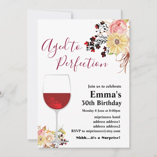 Convite de aniversário de vinho, Idade para Perfei (Frente)
