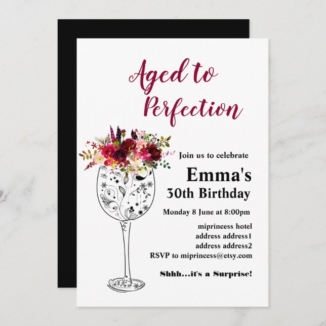 Convite de aniversário de vinho, Idade para Perfei (Frente/Verso)