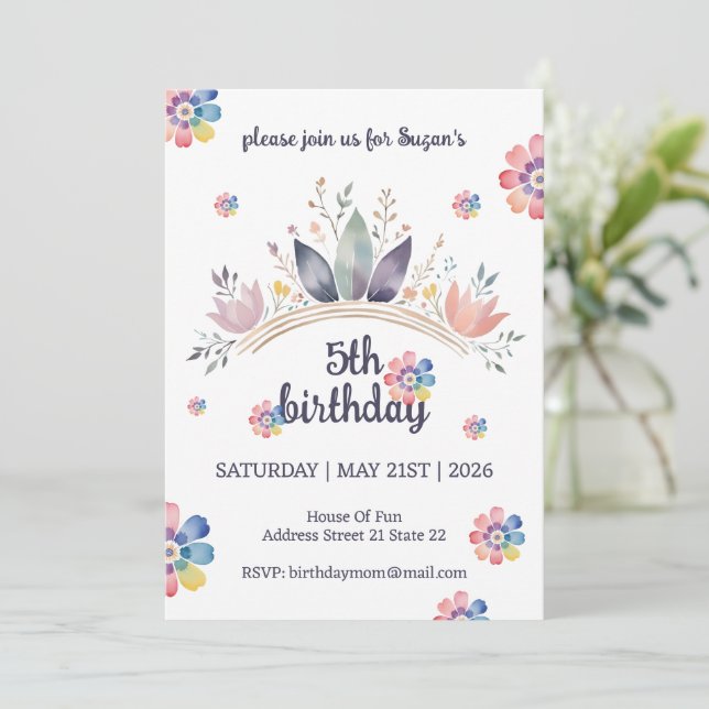 Convite de aniversário de Watercolor Floral Kid (Em pé/Frente)
