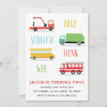 Convite de aniversário de Wee Kid da Screech<br><div class="desc">Um convite de aniversário de criança com reboque,  caminhão de bombeiros,  caminhão de lixo e ônibus escolar.</div>
