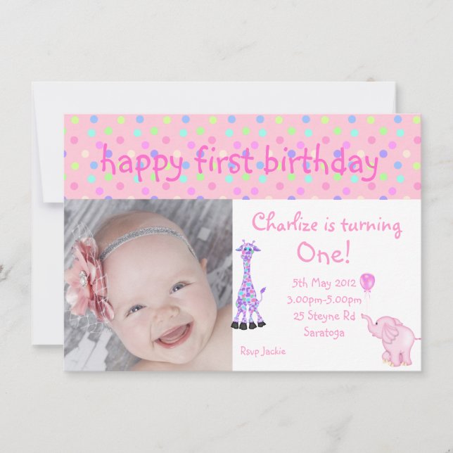 convite de aniversário de zoo de ponto pastel rosa (Frente)