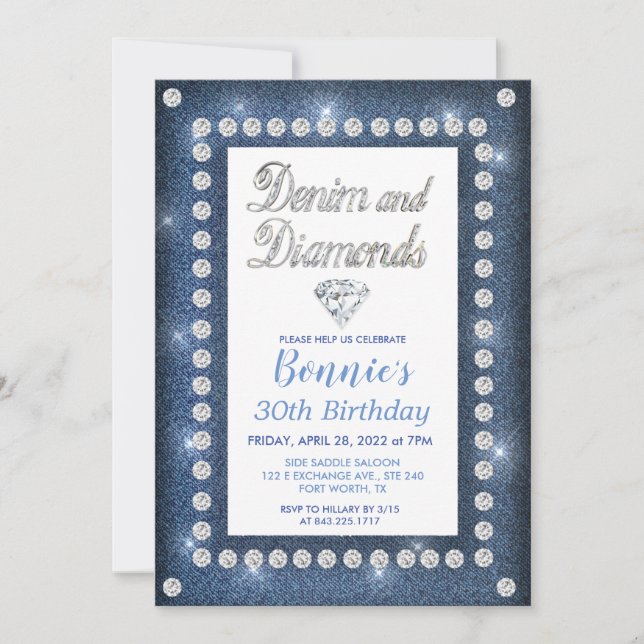 Convite de Aniversário Denim e Diamantes (Frente)
