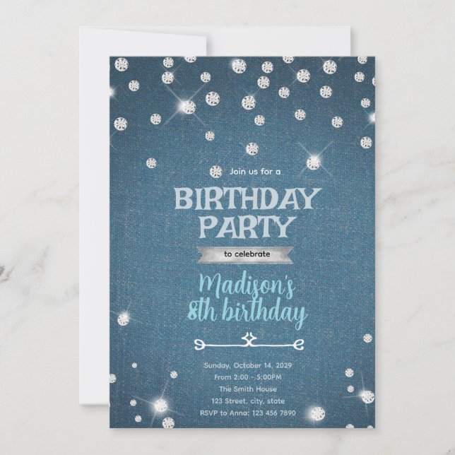 Convite de Aniversário Denim e Pérolas (Frente)