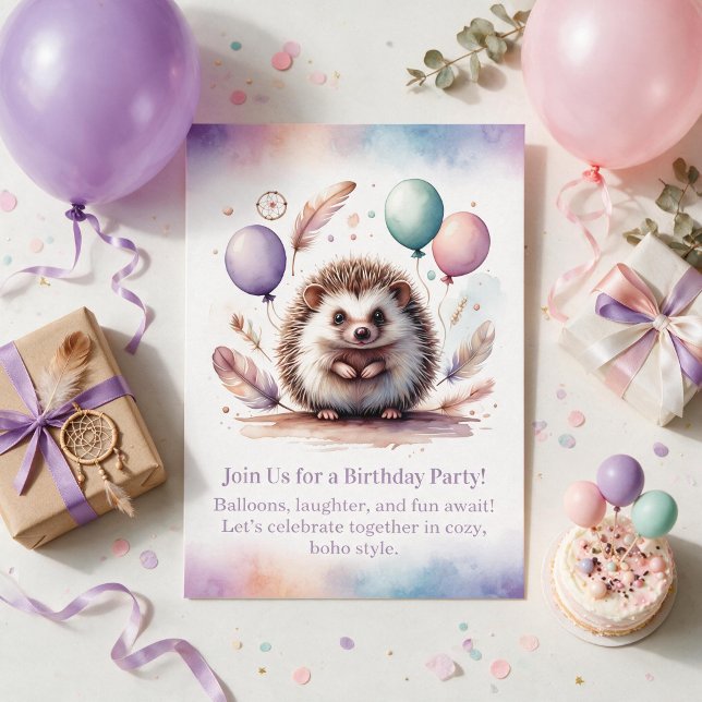 Convite de Aniversário deouriço Fofo – Boho Flores (Cute Hedgehog Birthday Invitation – Woodland Boho)