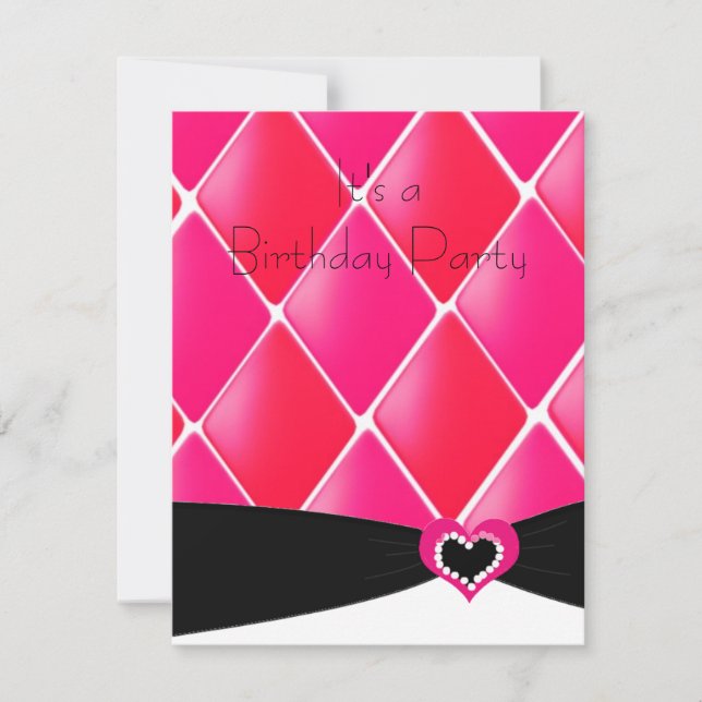 Convite de Aniversário Diamantes Matelassados Rosa (Frente)