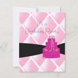 Convite de Aniversário Diamantes Rosa e Bolo