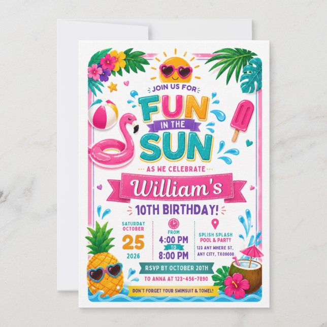 Convite de Aniversário Diversão ao Sol (Frente)