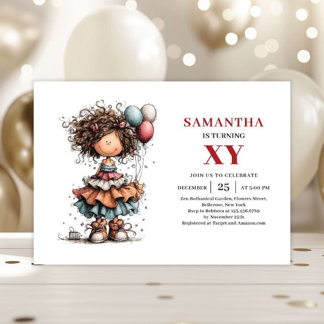 Convite de aniversário divertido de garota caprich (Cartoon Whimsical Girl Birthday Fun invitation)