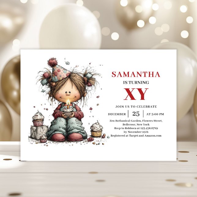 Convite de Aniversário Divertido de Menina Pequena (Cartoon Cute Little Girl Playful Birthday Invitation

)