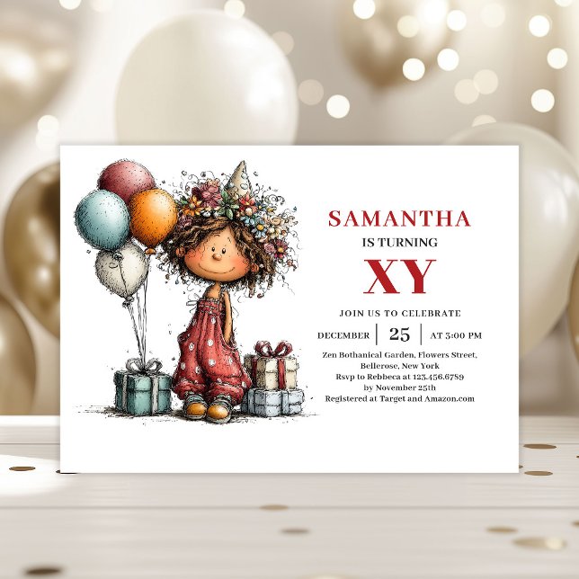Convite de Aniversário Divertido para Menina Fofa  (Whimsy Cute Little Girl Playful Birthday Invitation

)