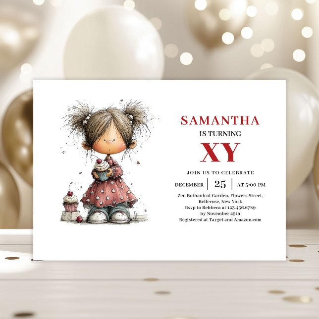 Convite de Aniversário Divertido para Menina Fofa  (Funky Cute Little Girl Playful Birthday Invitation)