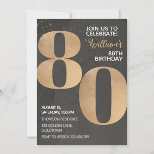 Convite de Aniversário do 80 Negro Dourado