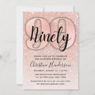 Convite de Aniversário do 90 Glitter Dourado rosa