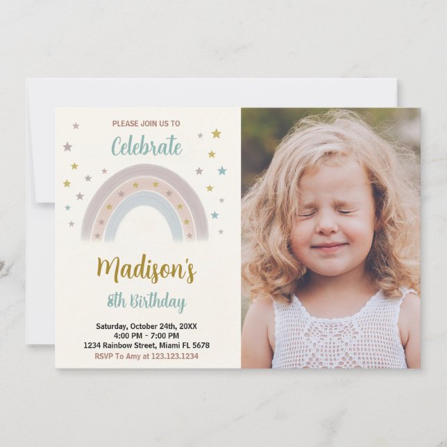 Convite de Aniversário do Arco-Íris com fotografia (Frente)