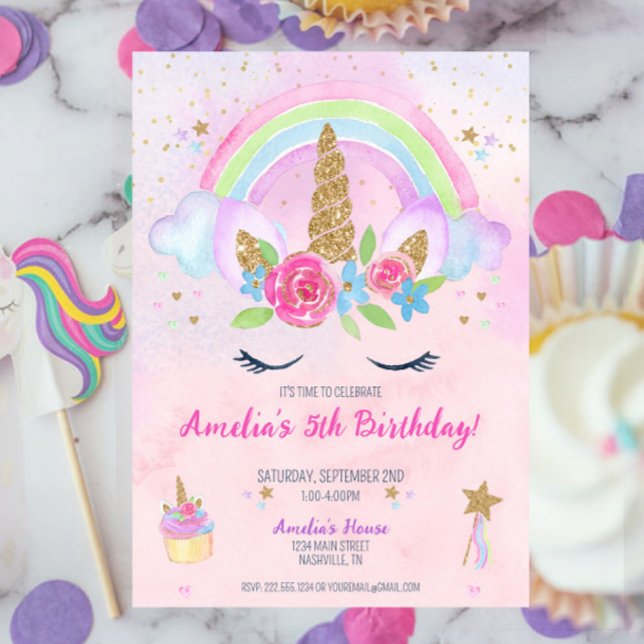 Convite de Aniversário do Arco-Íris Magnético do U (Pink Magical Unicorn Rainbow 5th Birthday Invitation )