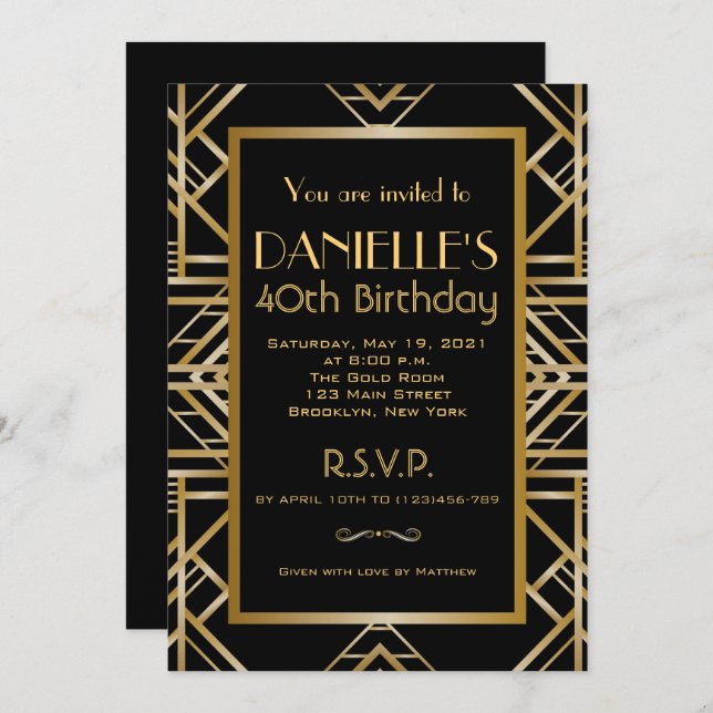 Convite de Aniversário do Art Deco Inspirado no ex (Frente/Verso)