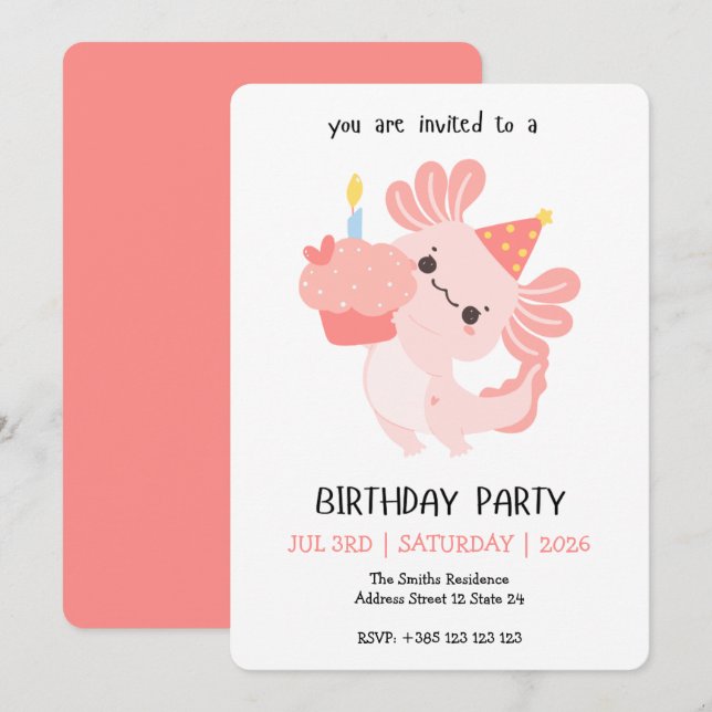 Convite de Aniversário do Axolote Kawaii (Frente/Verso)